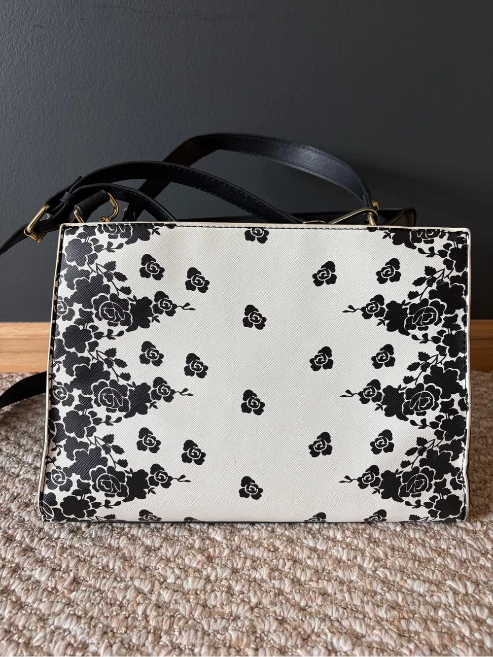 Betsey Johnson Black and Cream Floral Bow-Front Top Handle Satchel